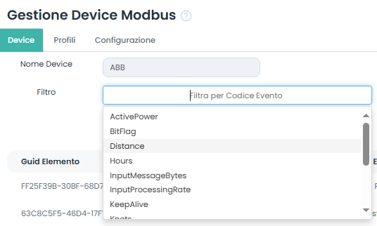 Filtri codice evento Device Modbus