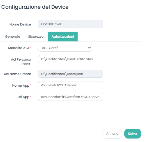 Modifica Autorizzazioni Opcua