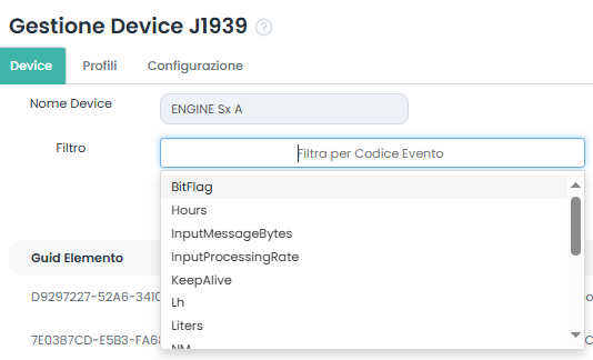 Filtri codice evento Device J1939