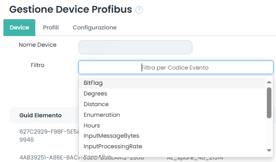 Filtri codice evento Device ProfiBus