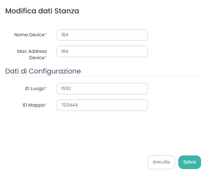 Modifica dati Stanza